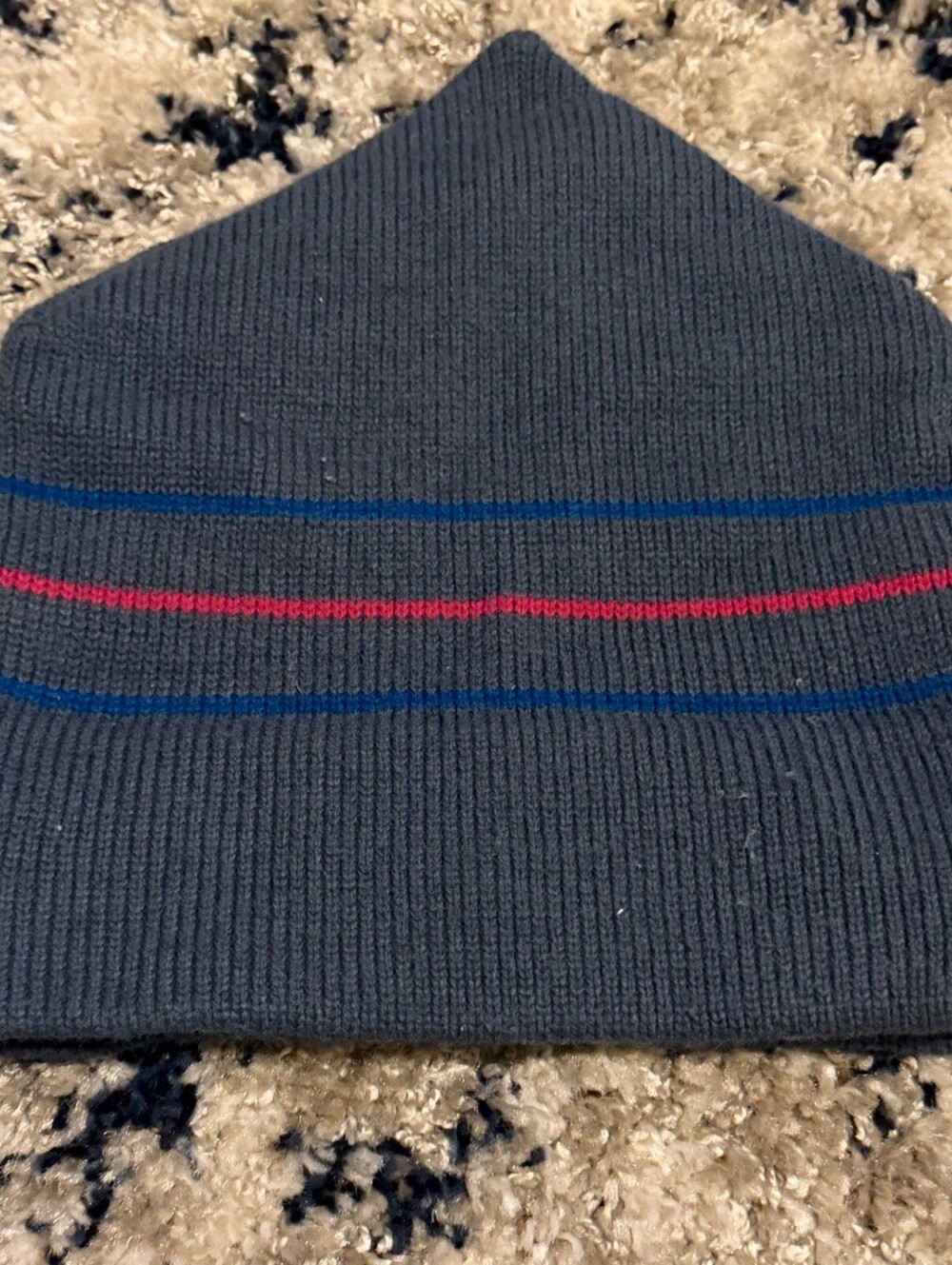 Vintage Maureen of the Mews Gray Pinstripe Knit Beanie Blue Red Stripes